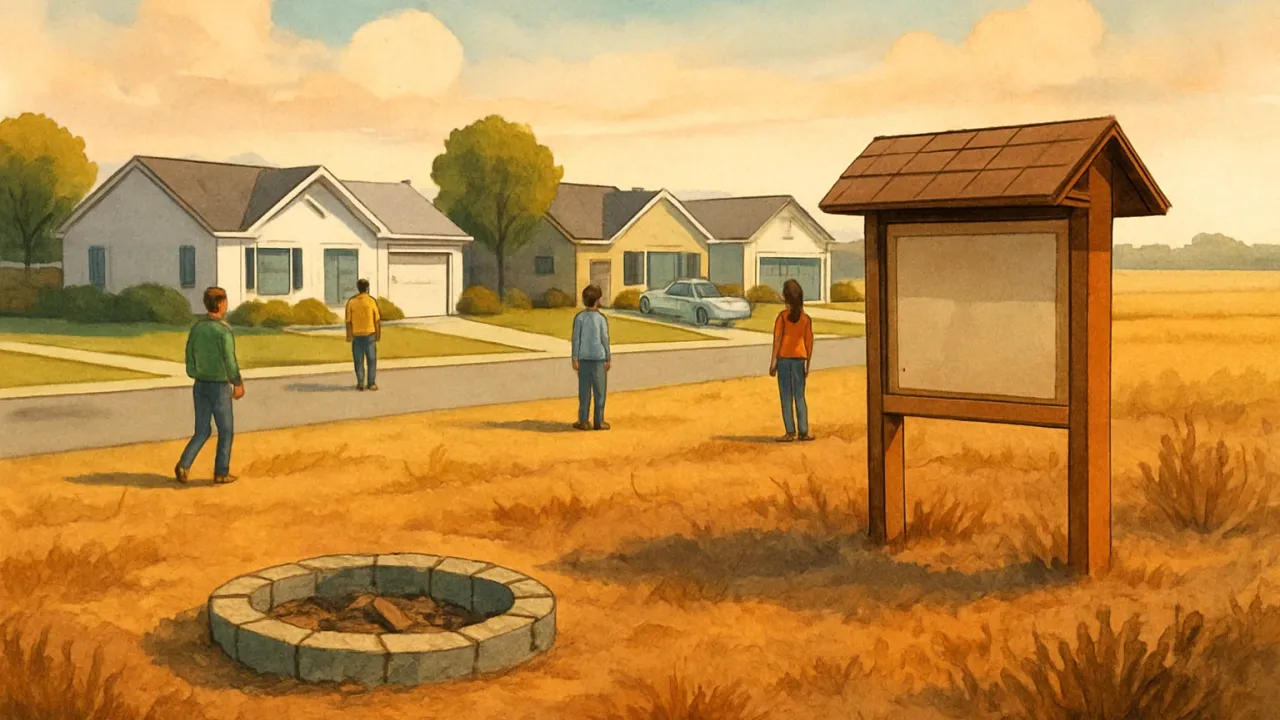A rural Kansas yard with dry brush and an unused fire pit, symbolizing a countywide burn ban.