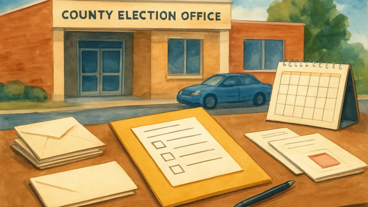 An illustrated county election office desk preparing envelopes and ballot paperwork for advanced voting