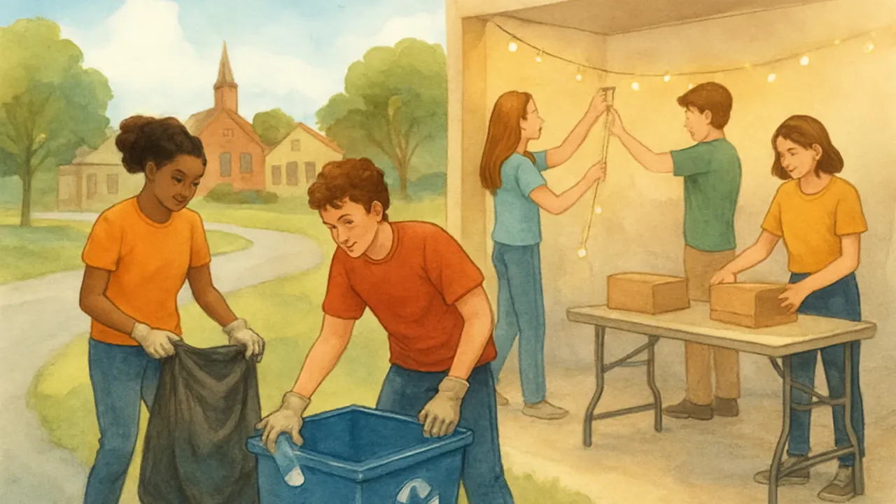 Teen volunteers helping with a roadside cleanup and preparing supplies for a community event in a small-town setting.