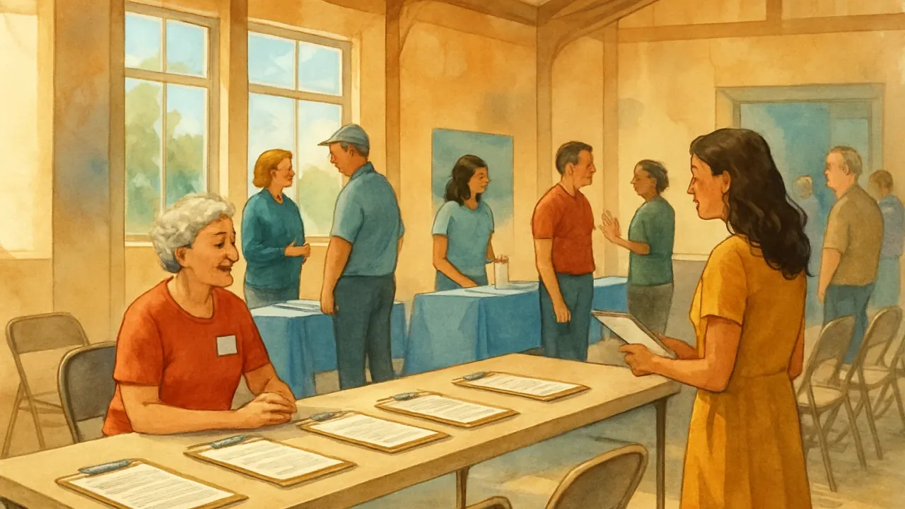 People visiting volunteer information booths inside a meeting hall at a county fairgrounds