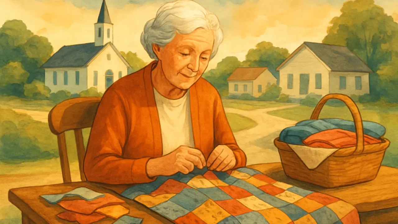 Illustration of a woman quilting at home and giving folded clothing to a community pantry basket.