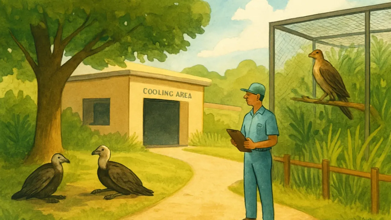 Illustration of a shaded zoo exhibit with vegetation cover and a cooling indoor area for animals during hot weather.