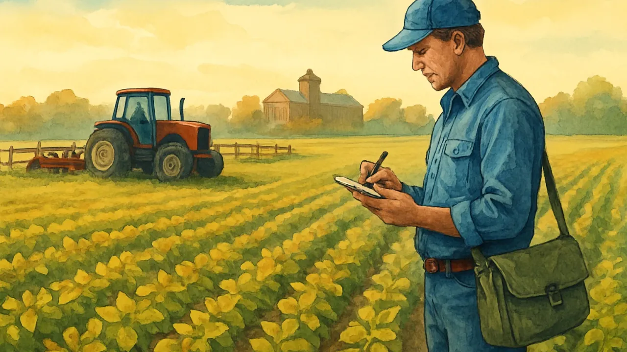 Illustration of a farmer scouting a soybean field with farm equipment nearby and extension-style agriculture in the background.