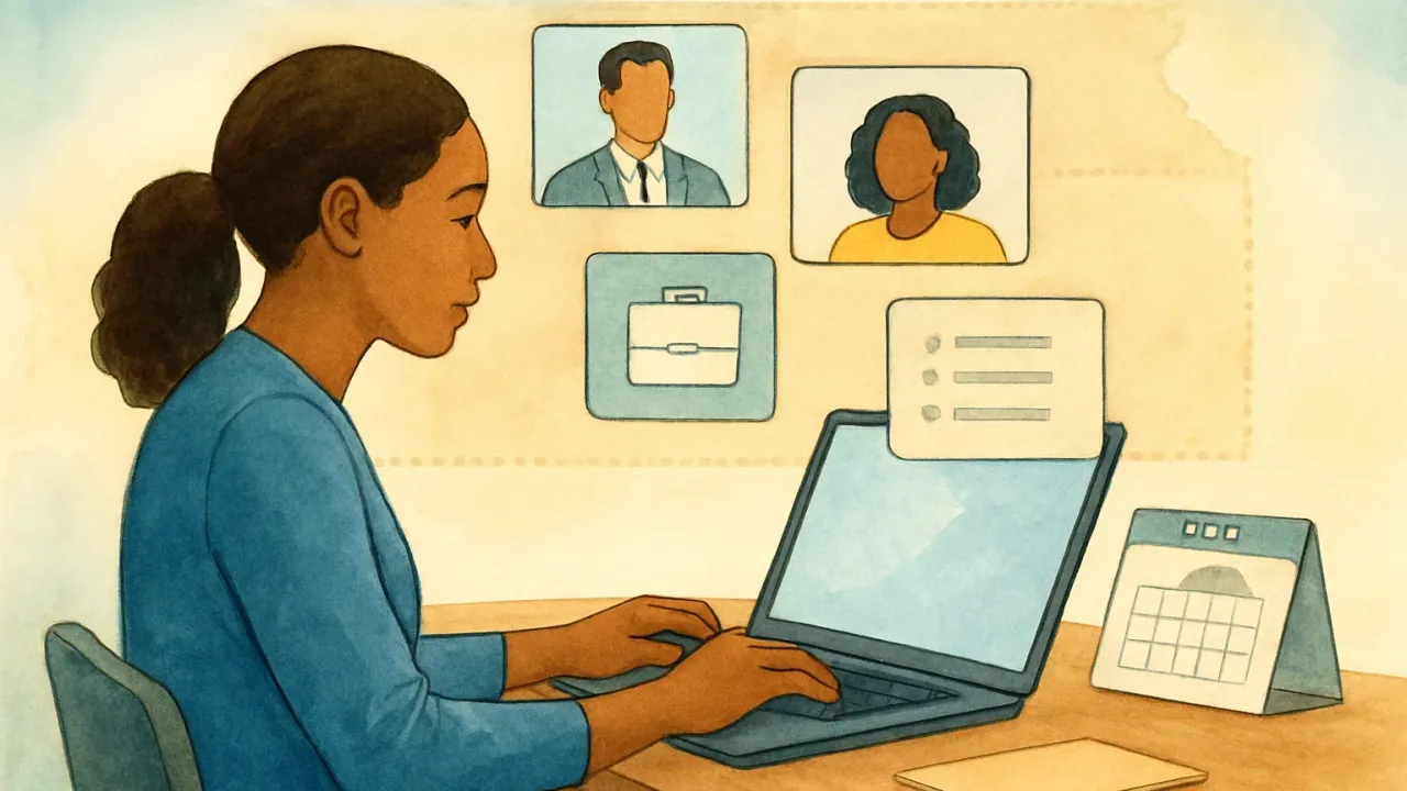 A person uses a laptop for a virtual job fair connection, with a subtle light-dotted Kansas outline in the background.