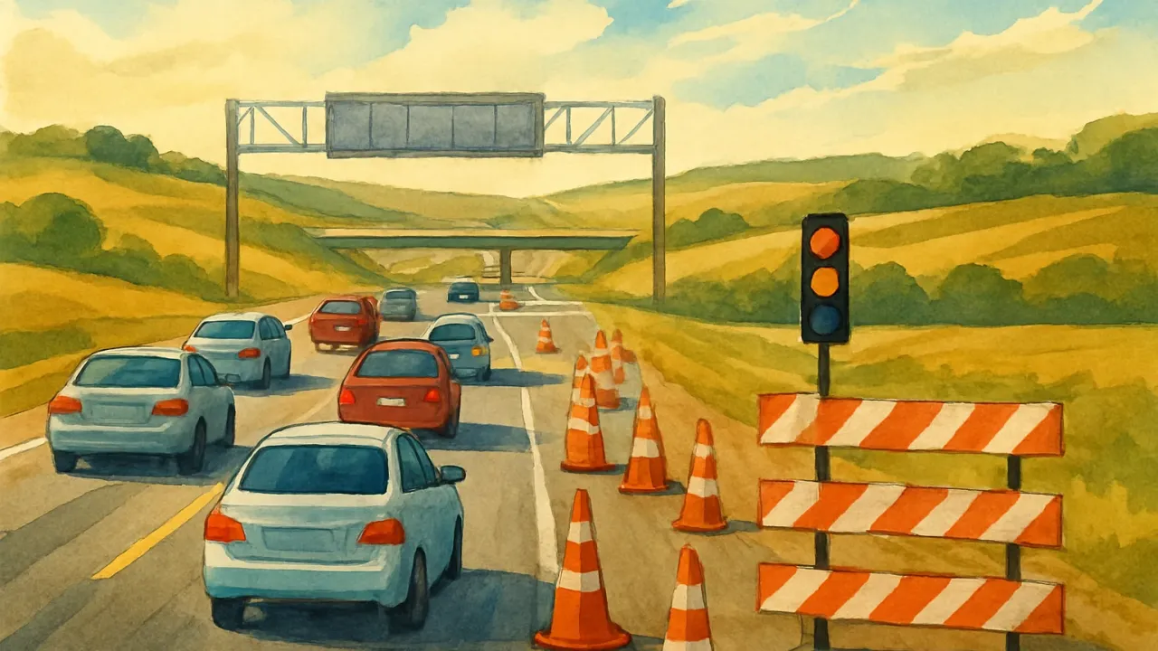Illustration showing vehicles approaching lane reductions and a one-lane bridge construction zone near an interchange.