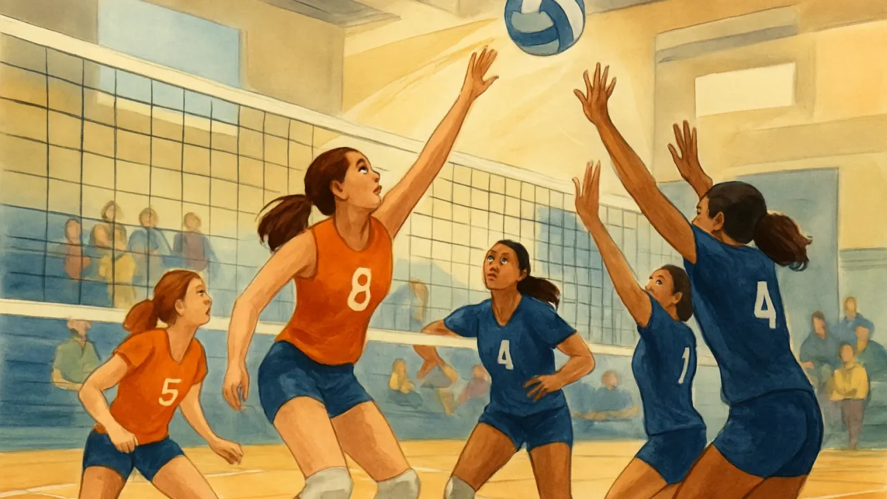 Illustration of a girls’ volleyball match in a gym, with players mid-rally near the net.