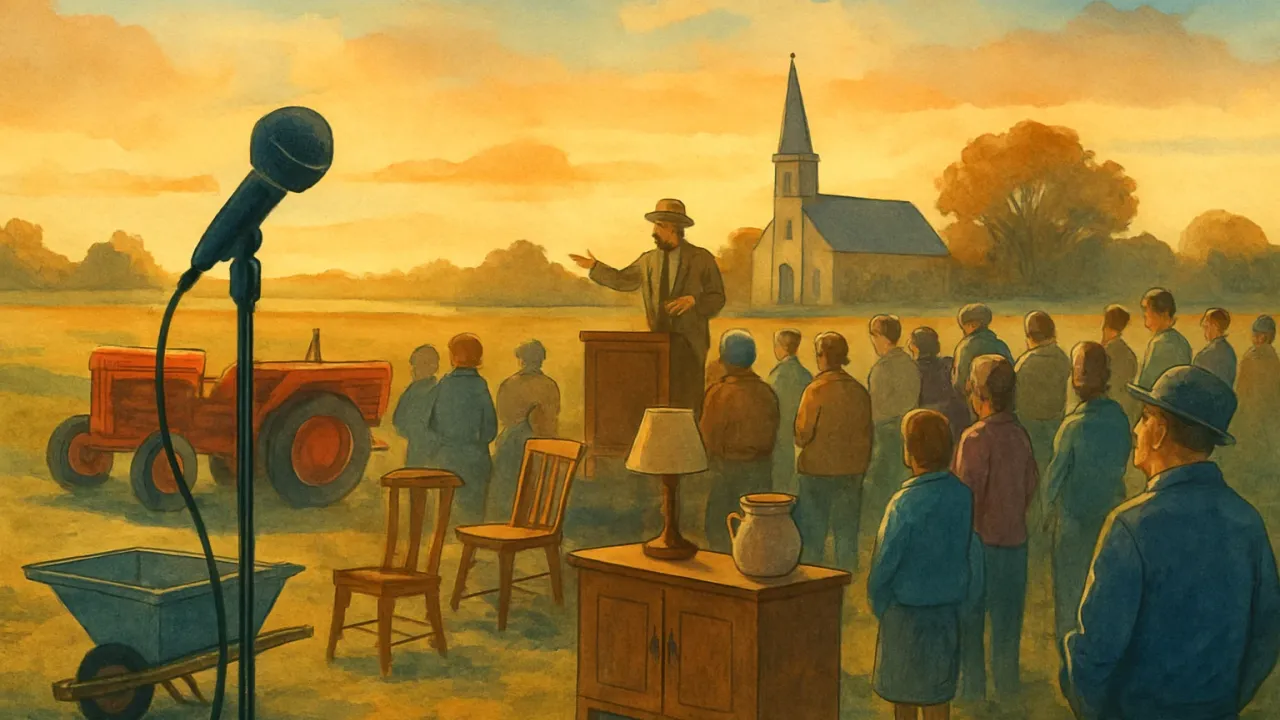A community gathering at a small-town Kansas auction with a microphone and household goods, with a church silhouette in the background.