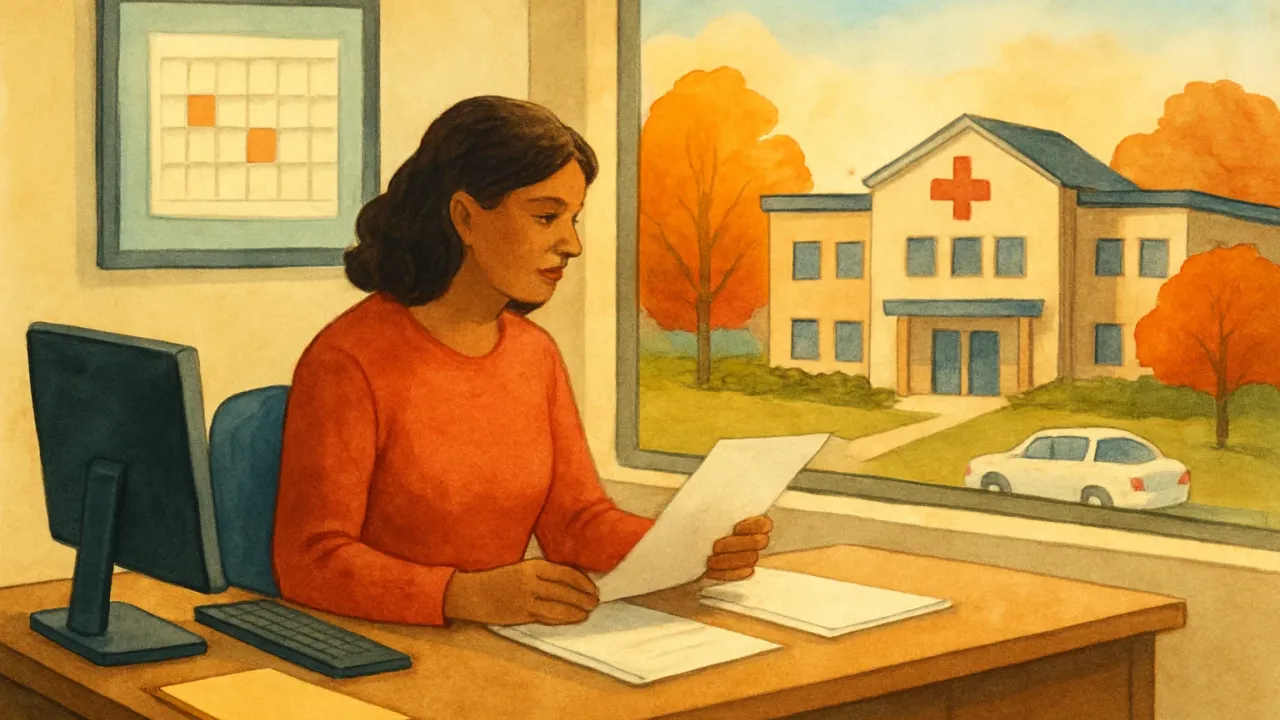 A person reviewing health coverage paperwork at a desk with a calendar in an illustrated community health setting.
