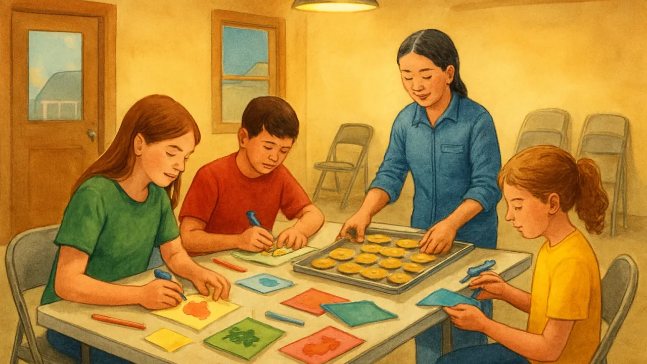 Youth volunteers at a community meeting preparing cards and cookie trays for donation programs