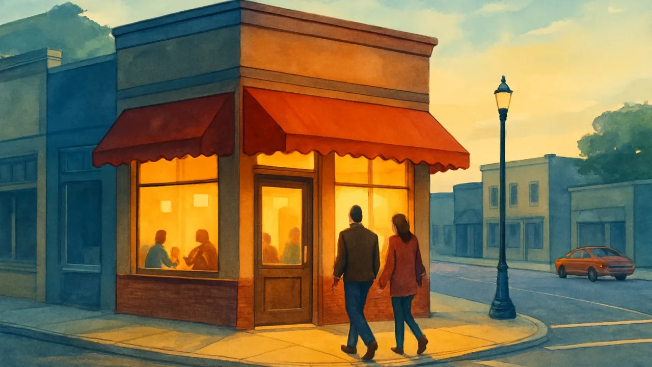Illustration showing a warm-lit downtown restaurant entrance at a street corner in a small Kansas town.