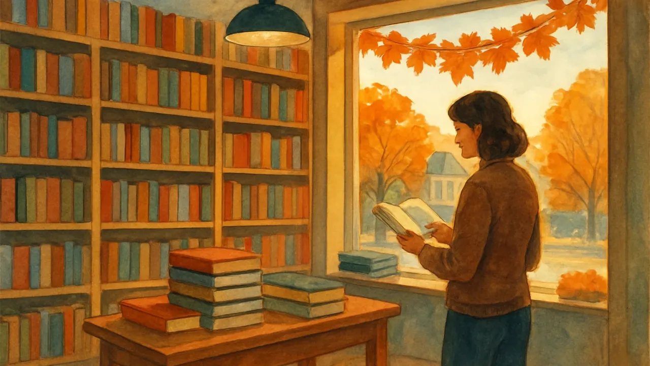 Cozy independent bookstore interior with autumn décor and customers browsing books.