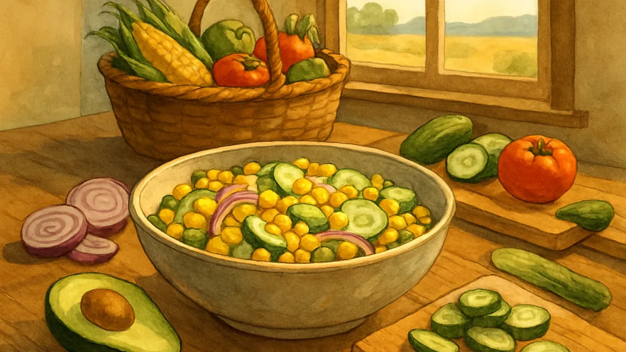 A cozy farmhouse-style illustration showing a chilled corn-and-cucumber salad with fresh vegetables on a kitchen table.