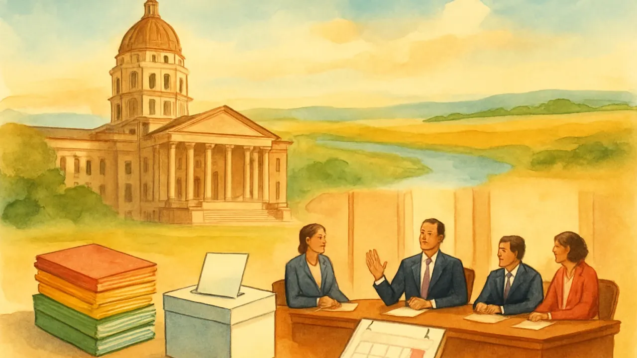 Illustration of a Kansas capitol with a committee selecting among three candidate folders and an election timeline in the background.