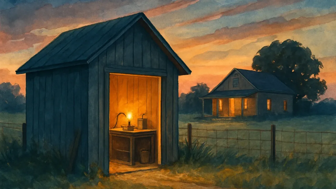 Rural Kansas homestead illustration with work tools and warm evening light representing a life of skilled labor and community generosity.