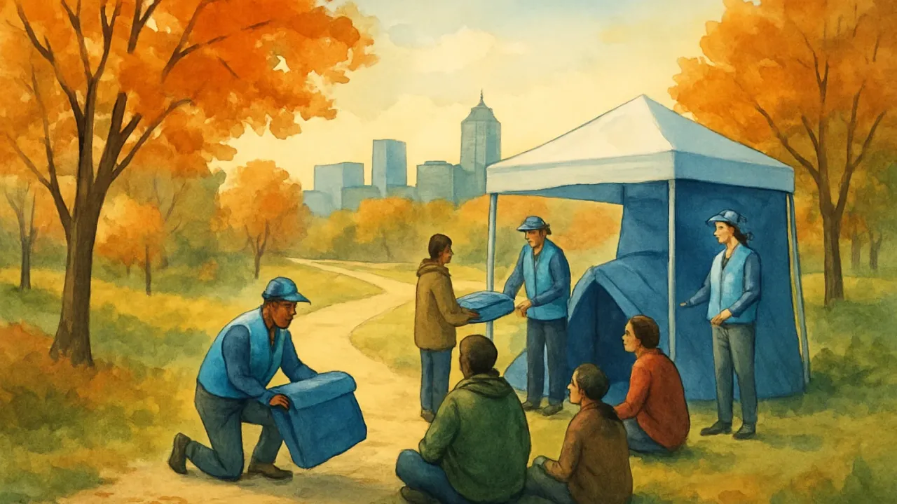 Artwork showing an outreach team supporting people near a wooded park area during a planned encampment transition.