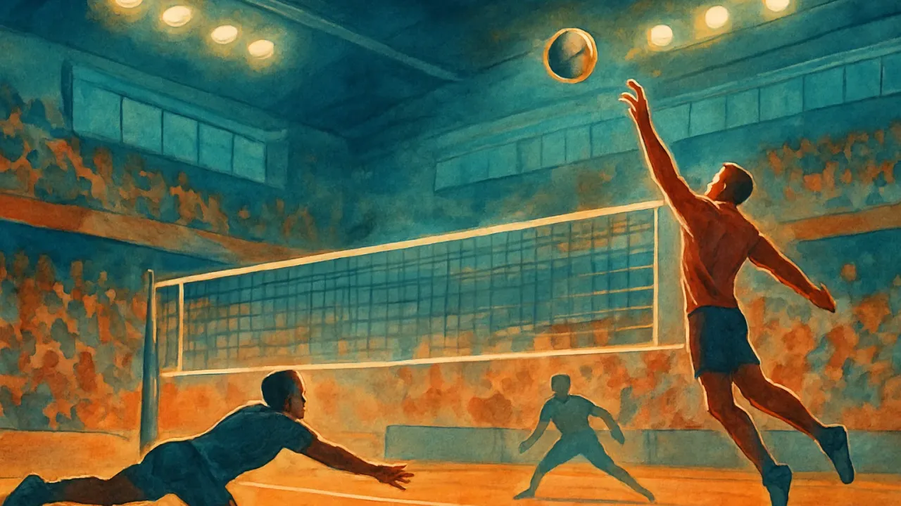 Illustration of an indoor volleyball match in an arena with players diving and spiking under bright lights.