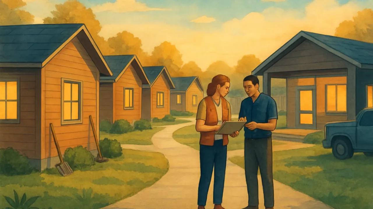 Illustration of a calm community shelter area with cabin-like housing units and volunteers discussing a maintenance and care plan.