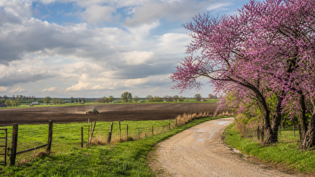 Early spring Kansas prairie and small-town edge after rain, with fresh grass, budding trees, a farm field, and a broad Kansas sky.