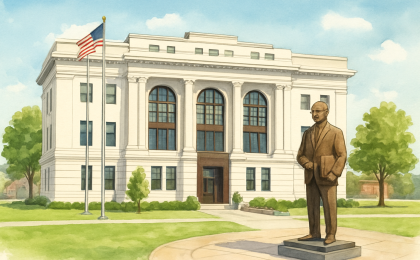 Original JustKansas illustration for Barton County Courthouse & Jack Kilby Monument