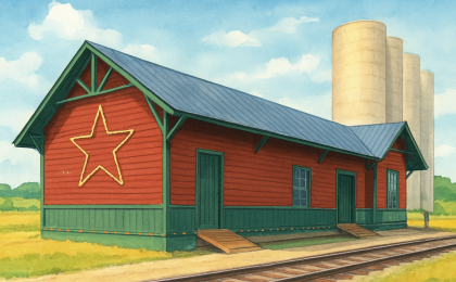 Original JustKansas illustration for Sylvan Grove Union Pacific Railroad Depot