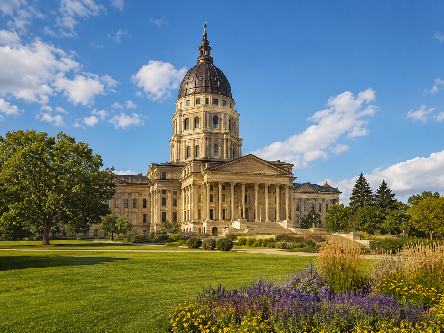 Kansas State Capitol building under a blue sky.