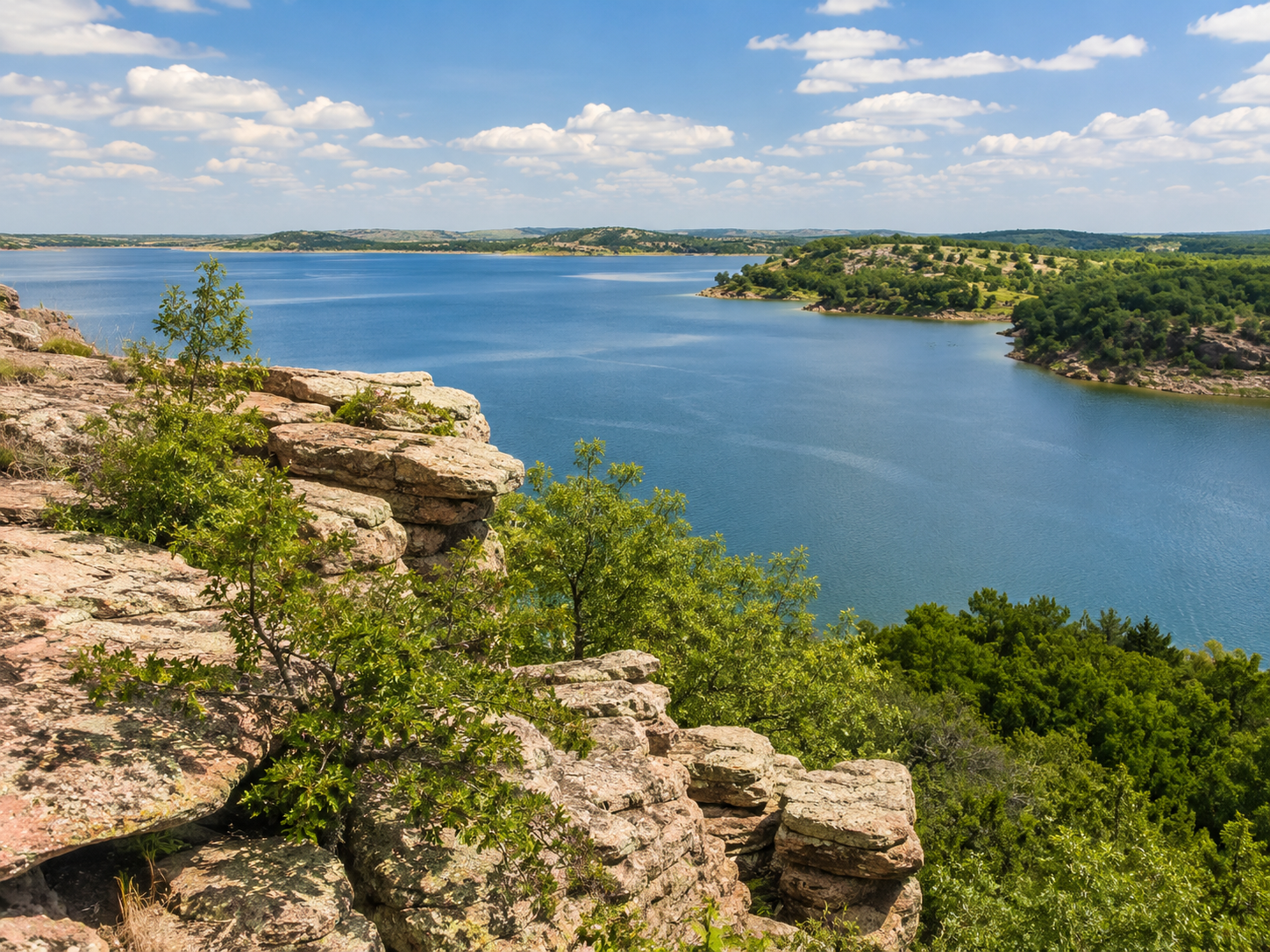 A scenic Kansas lake viewed from rocky bluffs.