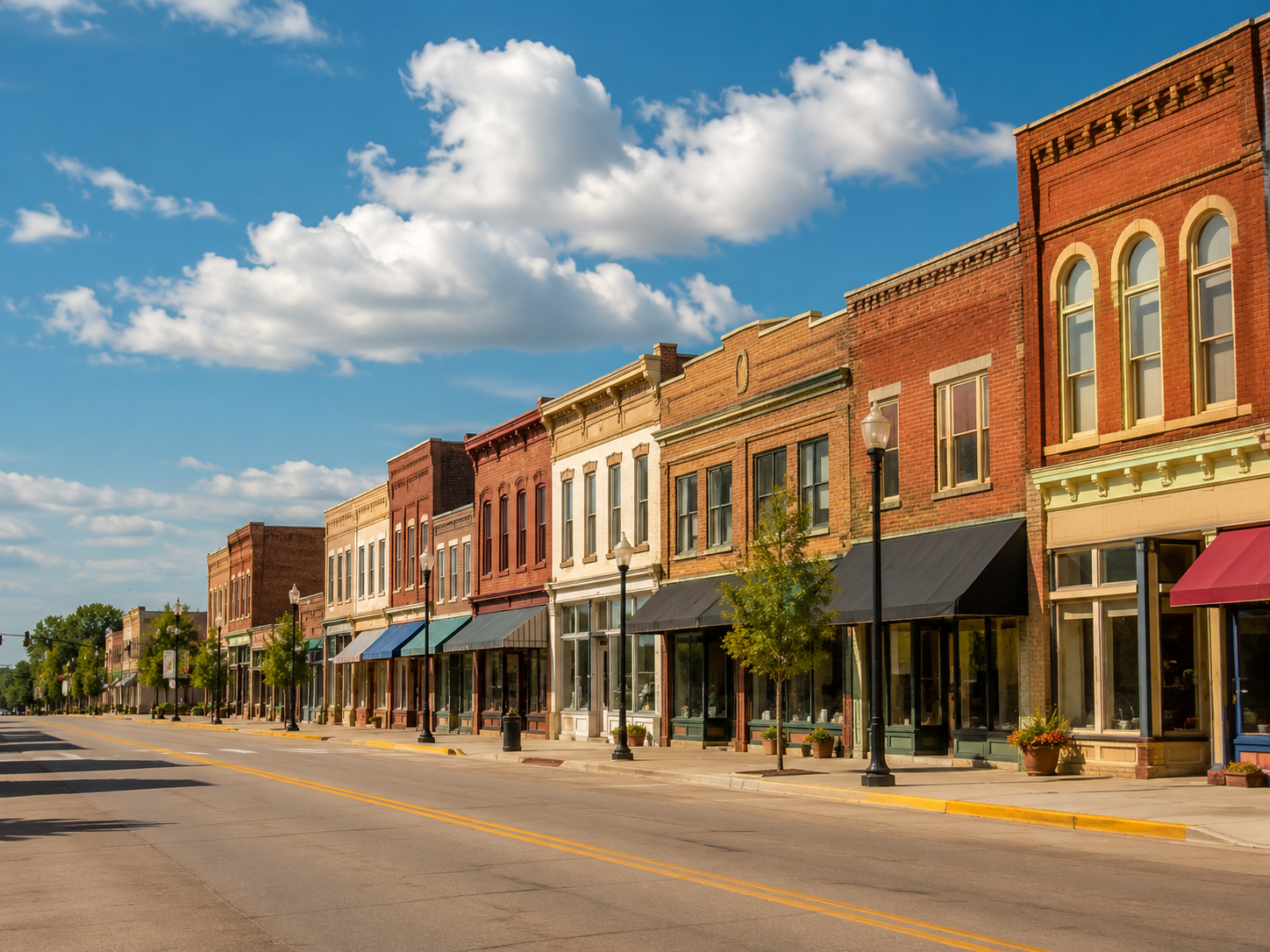 A Kansas Main Street lined with historic storefronts.