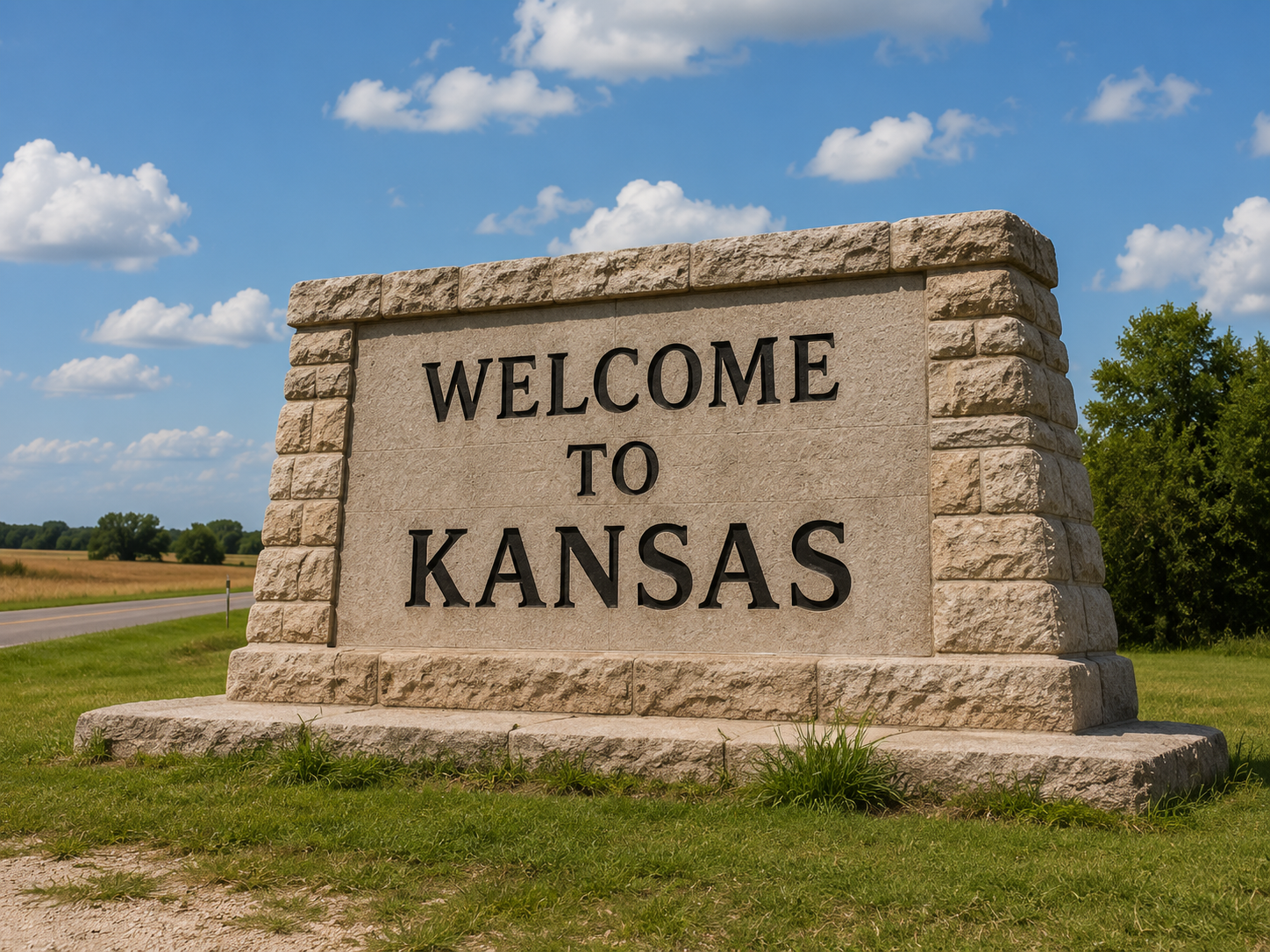 A stone sign welcoming visitors to Kansas.
