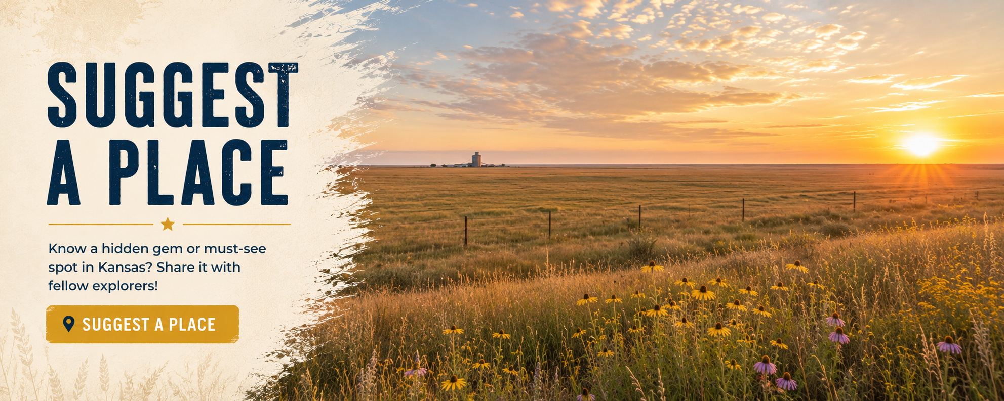 Suggest a Place. Know a hidden gem or must-see spot in Kansas? Share it with fellow explorers.
